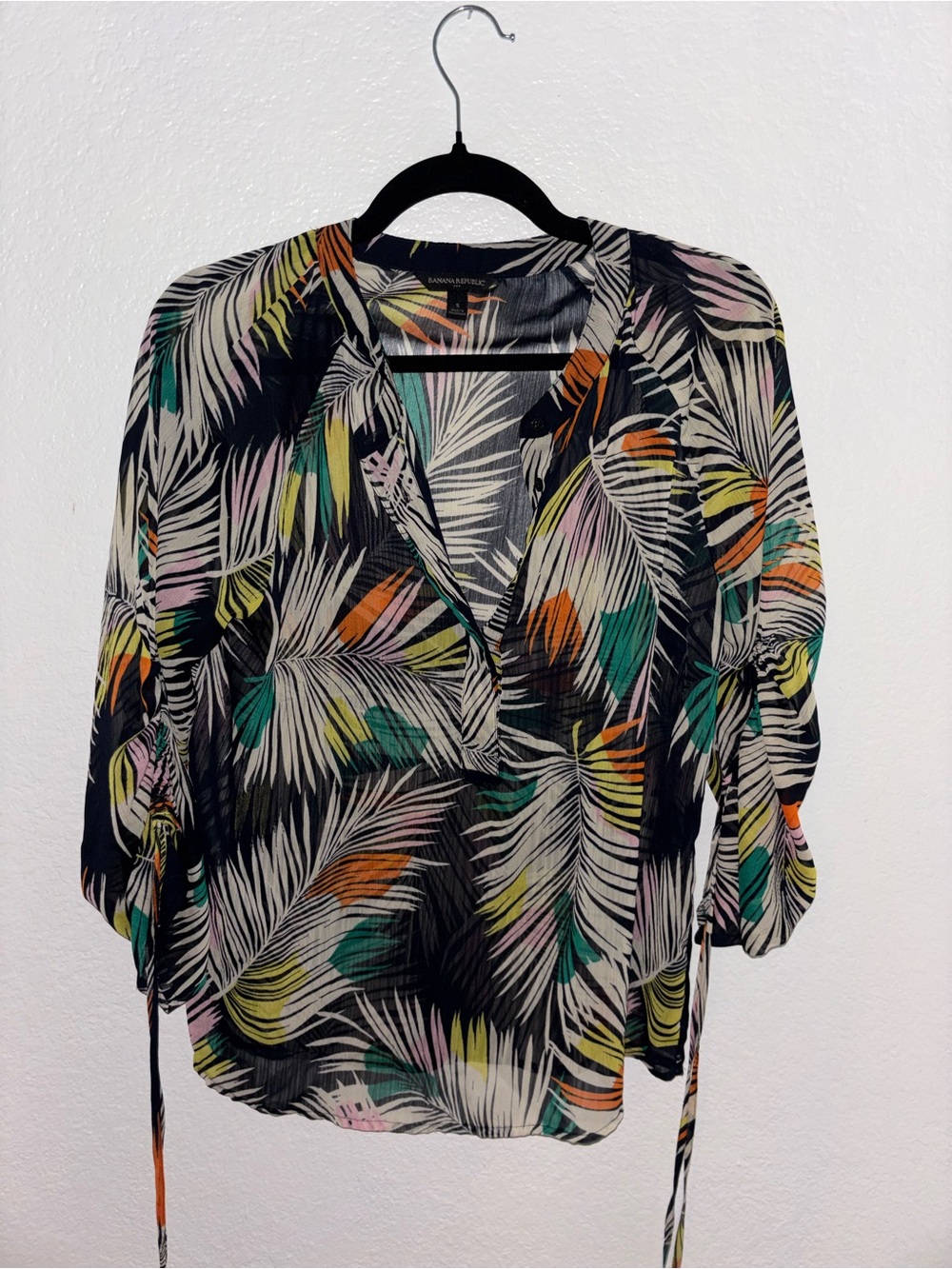 Banana Republic Tropical Print V-Neck Sheer Blouse - Black Multi